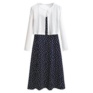 藏蓝色小碎花吊带连衣裙加防晒开衫两件套2025夏季新款气质连衣裙