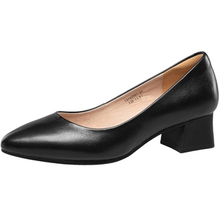 康奈女鞋2026春季新款浅口粗跟单鞋百搭黑色皮鞋女舒适上班通勤鞋