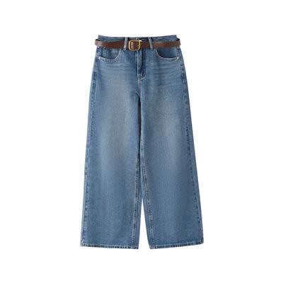 三福牛仔长裤女2026新款春季时尚休闲皮带宽松阔腿裤子女装514397