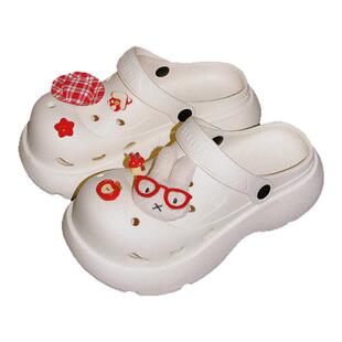 细细条 软萌可爱小兔子洞洞鞋女夏季户外学生增高厚底包头凉拖鞋