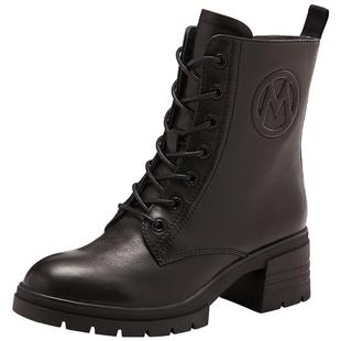 马内尔2025女款冬加厚高跟牛皮时尚马丁靴粗跟厚底短靴子英伦风女