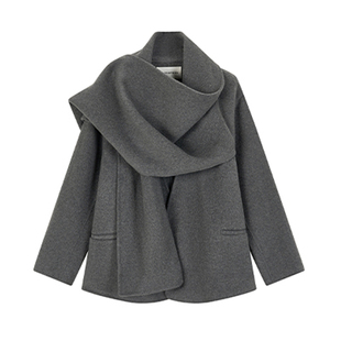江南家JNB灰色Y羊毛围巾斗篷大衣女双面呢秋冬短款披肩外套
