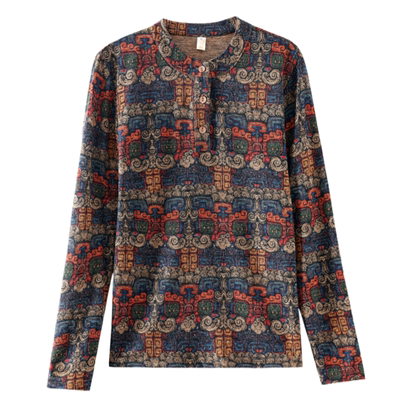 气质圆领双面绒印花长袖女秋冬装妈妈时尚宽松内搭保暖套头上衣女