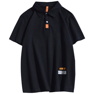 夏季短袖t恤男polo衫ins潮牌宽松五分袖港风翻领贴布上衣服情侣潮