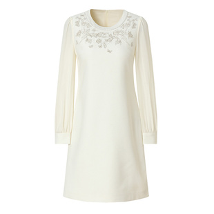 海青蓝 圆领连衣裙2025年新款好看长袖女装高级中长款白色裙子