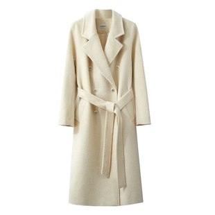 Amii2025冬新款翻驳领羊驼毛绵羊毛呢外套女配腰带双排扣大衣外套