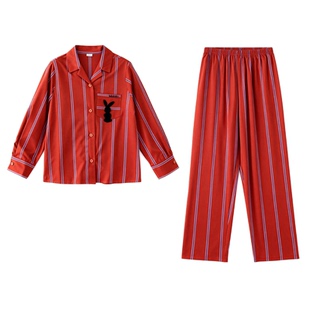 儿童睡衣春秋纯棉长袖条纹可爱兔子男女同款红色家居服套装可外穿
