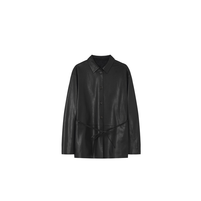 R-HER“夜曲”春秋时尚衬衫领山羊皮单排扣绑带设计百搭夹克P2816
