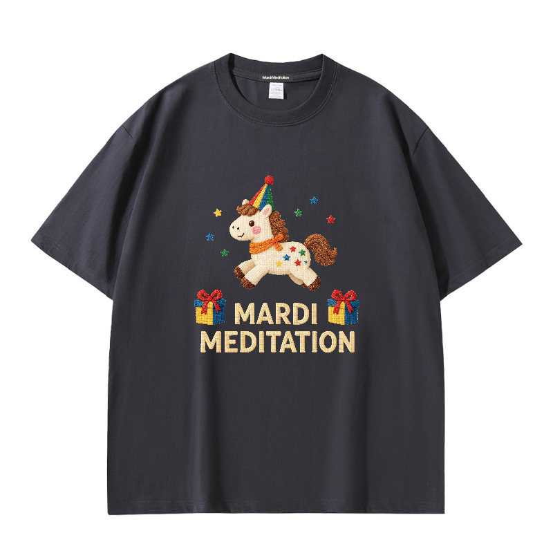 MardiMeditation官方直营趣味小马印花图案黑色宽松短袖T恤休闲情
