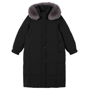 热风女士长款户外羽绒服2025年冬季新款毛领保暖御寒加厚羽绒服