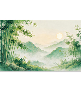 竹林山水画竹报平安客厅沙发背景横版茶室装饰画绿竹自粘画芯定制