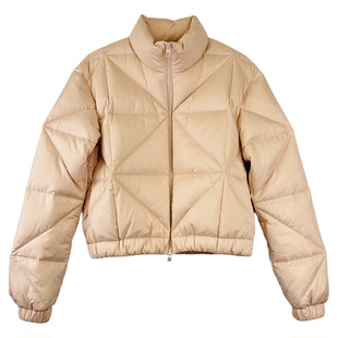 鸭毛南油女装 绗线菱形格纹立领短款时尚羽绒服女米色面包服外套