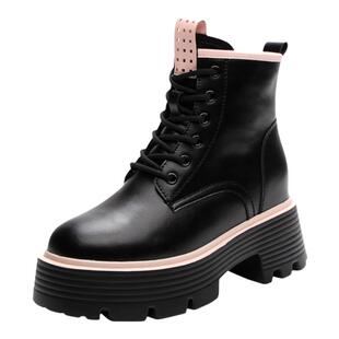 黑色内增高马丁靴女厚底松糕跟真皮侧拉链英伦风小个子的短筒靴子