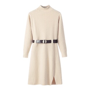 2026秋冬新款小香风韩版针织连衣裙小个子显高毛衣裙A字长袖杏色