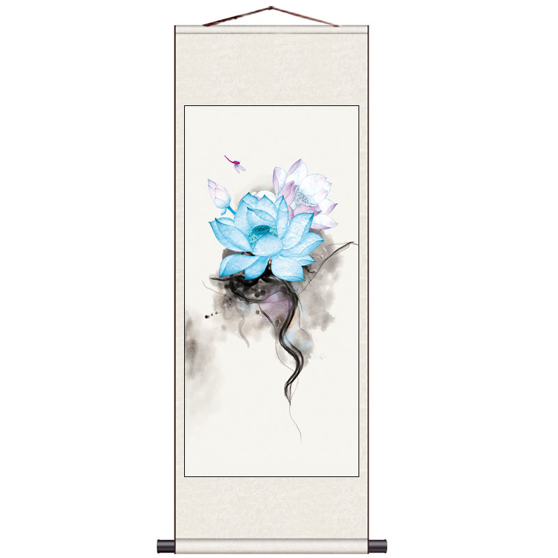竖幅客厅装饰卷轴中式宣纸画心清新荷花丝绸卷轴挂画茶楼装饰壁画