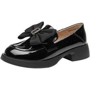 大东乐福鞋女鞋2026春季新款甜美风中跟粗跟圆头蝴蝶结小皮鞋3205