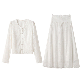 300斤显瘦白月光刺绣蕾丝衬衫套装胖仙女莹莹大码女装春季半身裙