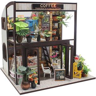 弘达diy小屋时光咖啡馆手工拼装店铺玩具建筑模型房子生日礼物女