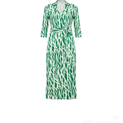 DVF绿色树枝针织真丝裹身连衣裙