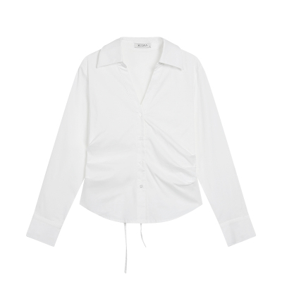 MULVAN 出色裁剪 白色V领收腰长袖衬衫女可调节系带设计感上衣