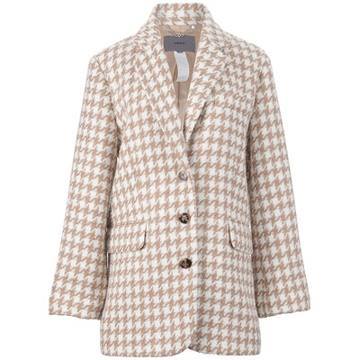 OBEG欧碧倩千鸟格羊毛西装外套秋冬款韩版廓形大衣女10404105