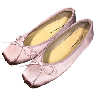 春夏粉色蝴蝶结丝绸一脚蹬时尚女芭蕾舞鞋懒人瓢鞋浅口奶奶鞋真皮