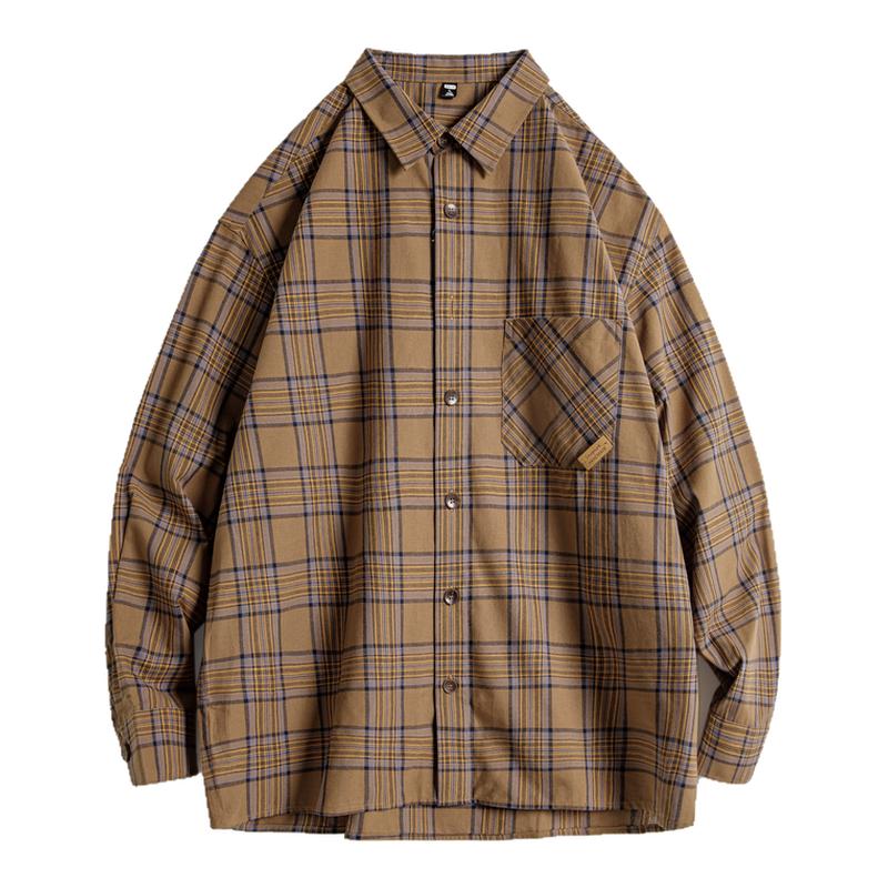 马登工装美式复古格子衬衫薄款长袖纯棉外套式棕色格纹衬衣男夏秋