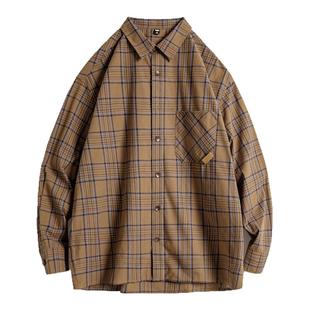 马登工装美式复古格子衬衫薄款长袖纯棉外套式棕色格纹衬衣男夏春