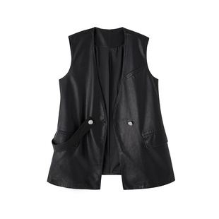 马甲女时髦洋气中长款皮坎肩好看漂亮设计感PU皮马夹时尚女人背心