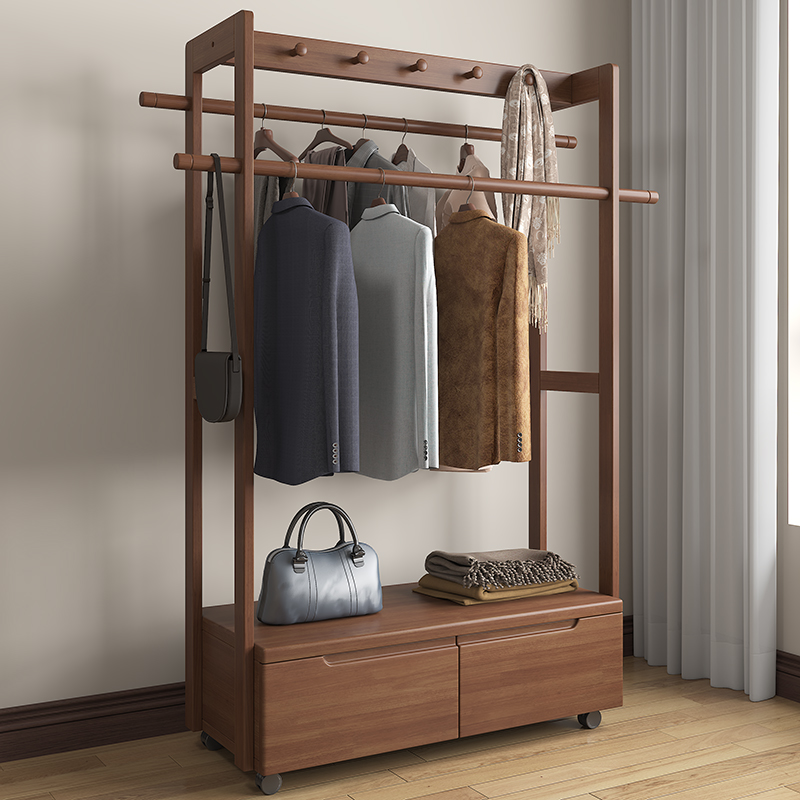 实木衣帽架立式带抽屉 轻奢高级置衣收纳架 卧室可移动落地挂衣架