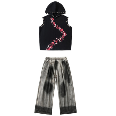 儿童街舞演出服套装连帽背心马甲