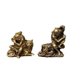 迷你微雕古玩铜器实心黄铜佛像降龙伏虎罗汉纯铜做旧桌面摆件茶宠