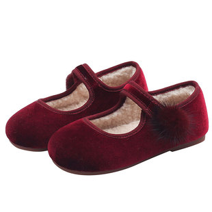 女童加绒公主鞋2025冬季新款儿童红色丝绒保暖棉鞋宝宝软底豆豆鞋