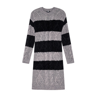 DKNY唐可娜儿秋冬季女装裙子百搭简约复古灰白条纹麻花针织连衣裙