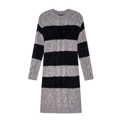 DKNY唐可娜儿秋冬季女装裙子百搭简约复古灰白条纹麻花针织连衣裙