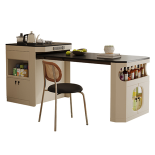 小户型实木多功能岩板导倒岛台可伸缩折叠吃饭办公一体家用餐桌椅