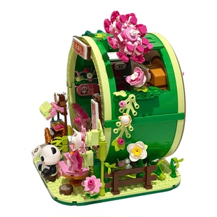 新款熊猫街景茶舍小屋摆件适用乐高积木儿童益智拼装玩具男女孩子