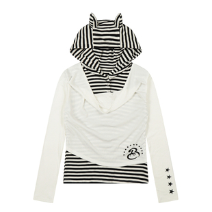辣到中暑美式复古辣妹条纹拼接假两件连帽猫耳朵长袖T恤宽松上衣
