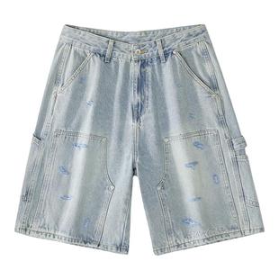 Coca-Cola/可口可乐 牛仔短裤男复古水洗做旧刺绣休闲工装伐木裤