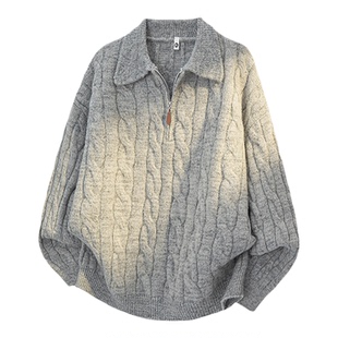 拉夏贝尔复古麻花纹半拉链毛衣男秋冬季慵懒风套头针织衫保暖宽松