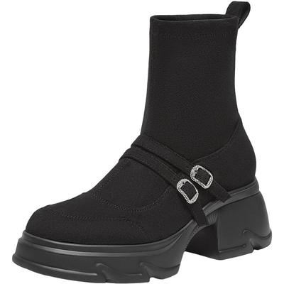 百思图冬商场新款通勤粗高跟玛丽珍弹力靴瘦瘦靴粗女短靴UJR17DD4