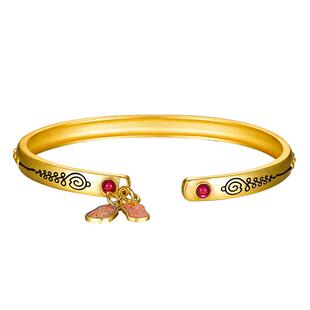 九乐S925银手镯女纯银国潮风镀金可拆卸纳福小圆牌开口吉言银手镯