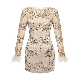 性感轻奢设计师款长袖羽毛连衣裙小个子显高修身包臀亮片丝绒短裙