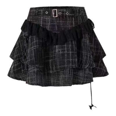 半身裙自制黑白格蝴蝶结甜酷