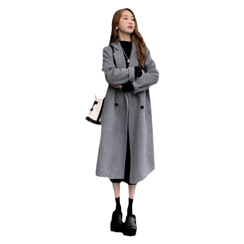 新款灰色双面呢大衣女中长款2024秋冬季韩版宽松气质毛呢外套