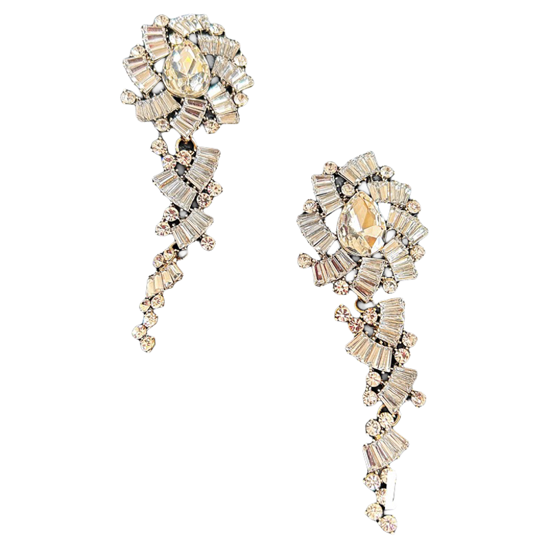 仙气儿超闪爆款复古重工镶钻花卉长款无耳洞耳夹银针饰品earrings