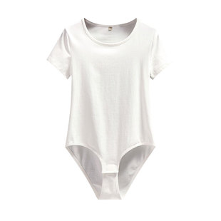 短袖修身连裆上衣女纯色圆领三角带裆连身连体打底衫