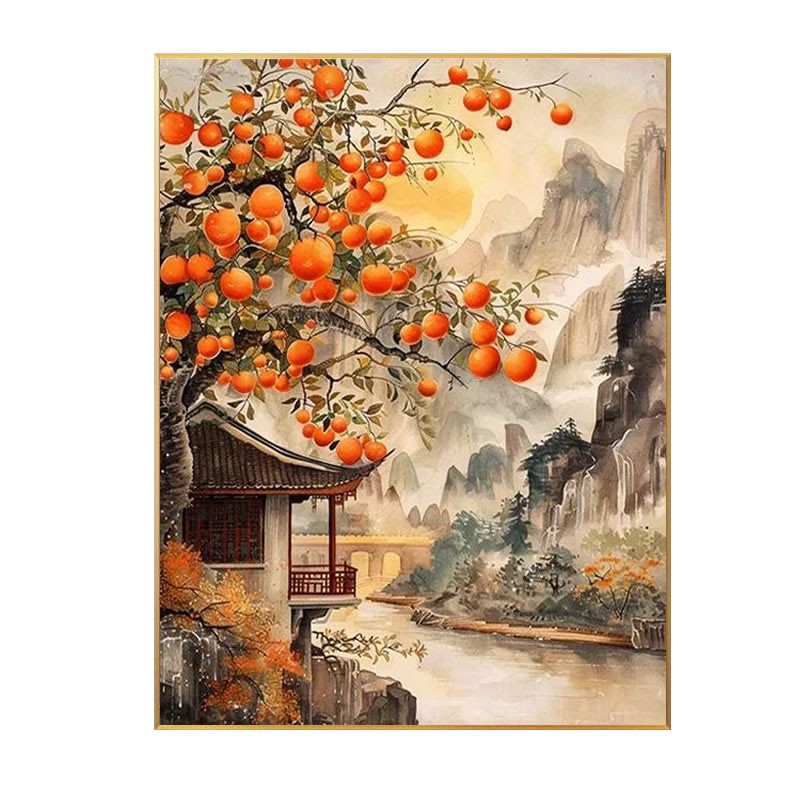 2026年新款钻石画方钻满钻柿柿如意山水风景点贴砖十字绣客厅餐厅