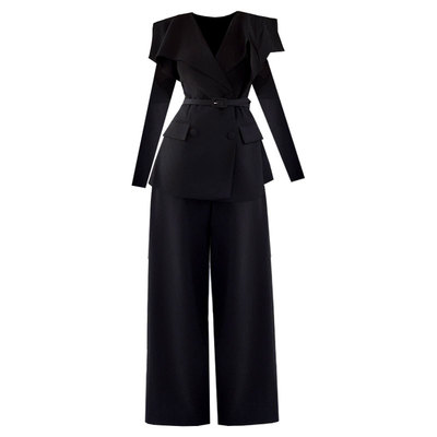 修身长袖西装阔腿裤两件套女秋冬