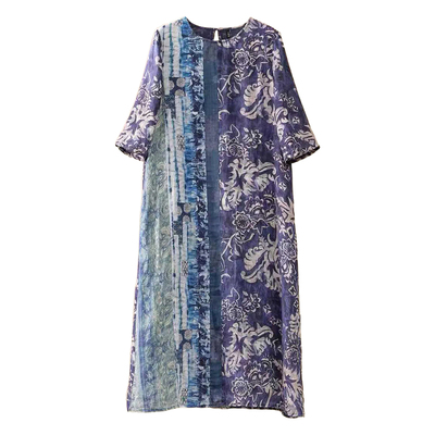 新中式天丝苎麻蓝染中袖连衣裙